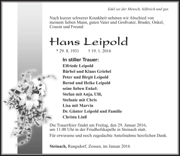 Traueranzeige von Hans Leipold von Südthüringer Presse