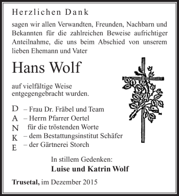 Traueranzeige von Hans Wolf von Südthüringer Presse