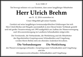 Traueranzeige von Ulrich Brehm von Südthüringer Presse