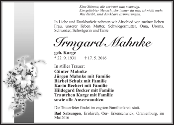 Traueranzeige von Irmgard Mahnke von Südthüringer Presse