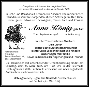 Traueranzeige von Anna König von Südthüringer Presse