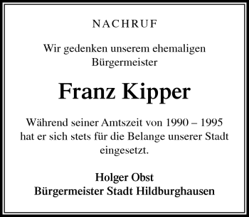 Traueranzeige von Franz Kipper von Südthüringer Presse