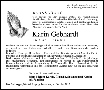 Traueranzeige von Karin Gebhardt von Südthüringer Presse