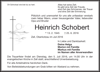Traueranzeige von Heinrich Schobert von Frankenpost