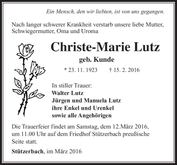 Traueranzeige von Christe-Marie Lutz von Südthüringer Presse