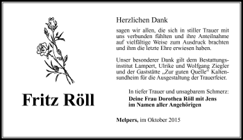 Traueranzeige von Fritz Röll von Südthüringer Presse