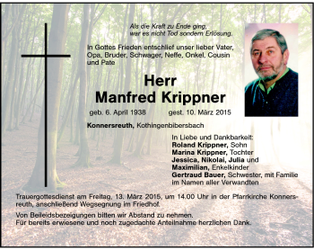 Traueranzeige von Manfred Krippner von Frankenpost