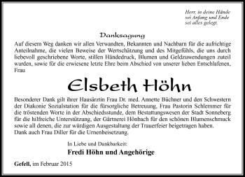 Traueranzeige von Elsbeth Höhn von Südthüringer Presse