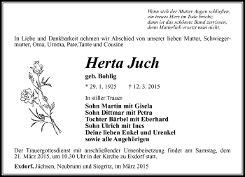 Traueranzeige von Herta Juch von Südthüringer Presse