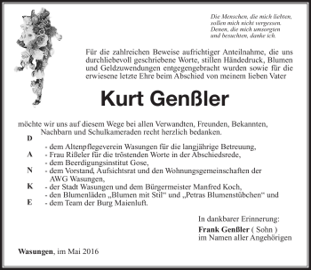 Traueranzeige von Kurt Genßler von Südthüringer Presse