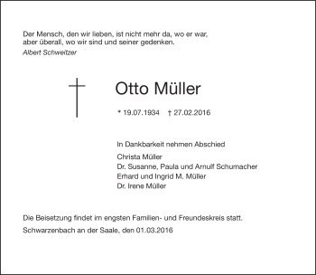 Traueranzeige von Otto Müller von Frankenpost