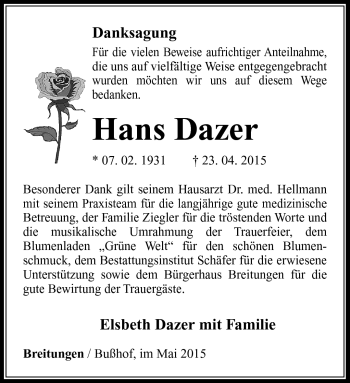 Traueranzeige von Hans Dazer von Südthüringer Presse