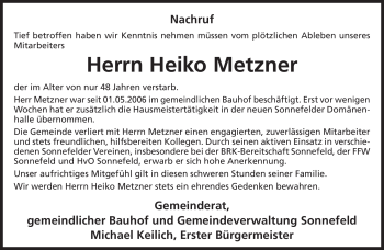 Traueranzeige von Heiko Metzner von Neue Presse Coburg