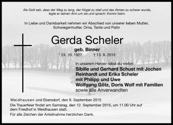 Traueranzeige von Gerda Scheler von Neue Presse Coburg