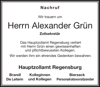 Traueranzeige von Alexander Grün von Frankenpost