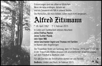 Traueranzeige von Alfred Zitzmann von Südthüringer Presse