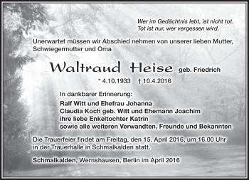 Traueranzeige von Waltraud Heise von Südthüringer Presse