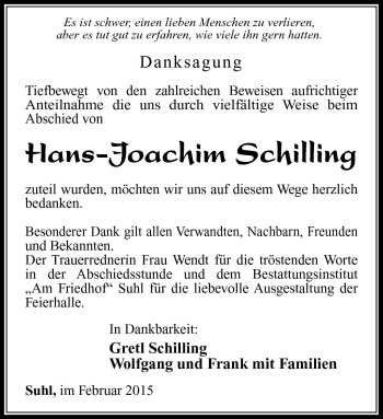 Traueranzeige von Hans-Joachim Schilling von Südthüringer Presse