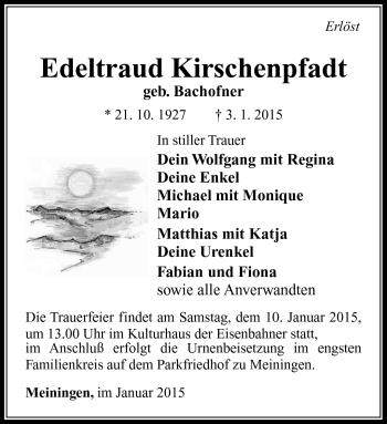 Traueranzeige von Edeltraud Kirschenpfad von Südthüringer Presse