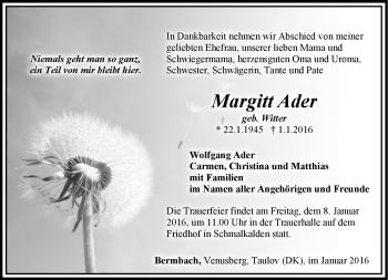 Traueranzeige von Margitt Ader von Südthüringer Presse