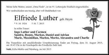 Traueranzeige von Elfriede Luther von Südthüringer Presse
