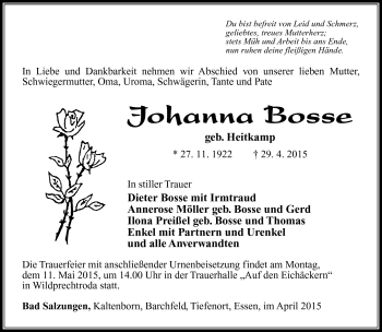 Traueranzeige von Johanna Bosse von Südthüringer Presse