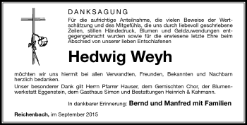 Traueranzeige von Hedwig Weyh von Südthüringer Presse