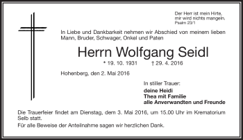 Traueranzeige von Wolfgang Seidl von Frankenpost