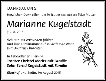 Traueranzeige von Marianne Kugelstadt von Südthüringer Presse