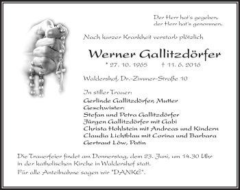 Traueranzeige von Werner Gallitzdörfer von Frankenpost