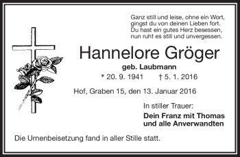 Traueranzeige von Hannelore Gröger von Frankenpost