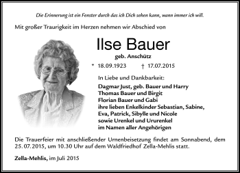 Traueranzeige von Ilse Bauer von Südthüringer Presse