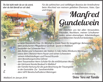 Traueranzeige von Manfred Gundelwein von Südthüringer Presse