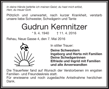 Traueranzeige von Gudrun Kemnitzer von Frankenpost