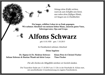 Traueranzeige von Alfons Schwarz von Südthüringer Presse