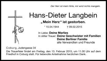 Traueranzeige von Hans-Dieter Langbein von Neue Presse Coburg