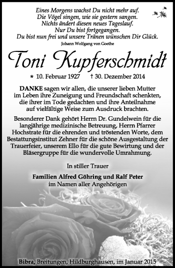 Traueranzeige von Toni Kupferschmidt von Südthüringer Presse