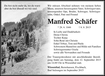 Traueranzeige von Manfred Schäfer von Südthüringer Presse