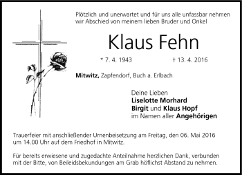 Traueranzeige von Klaus Fehn von Neue Presse Coburg