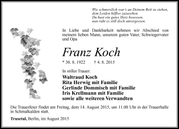 Traueranzeige von Franz Koch von Südthüringer Presse