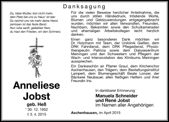 Traueranzeige von Anneliese Jobst von Südthüringer Presse