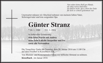 Traueranzeige von Günter Stranz von Südthüringer Presse
