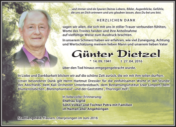 Traueranzeige von Günter Dietzel von Südthüringer Presse