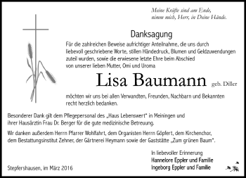 Traueranzeige von Lisa Baumann von Südthüringer Presse