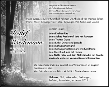 Traueranzeige von Detlef Wiedemann von Südthüringer Presse