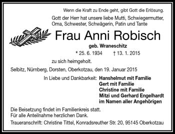Traueranzeige von Anni Robisch von Frankenpost