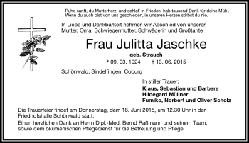 Traueranzeige von Julitta Jaschke von Frankenpost