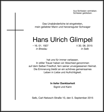 Traueranzeige von Hans Ulrich Glimpel von Frankenpost