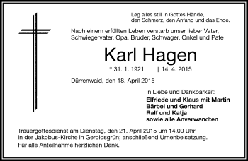 Traueranzeige von Karl Hagen von Frankenpost