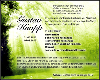 Traueranzeige von Gustav Knapp von Südthüringer Presse